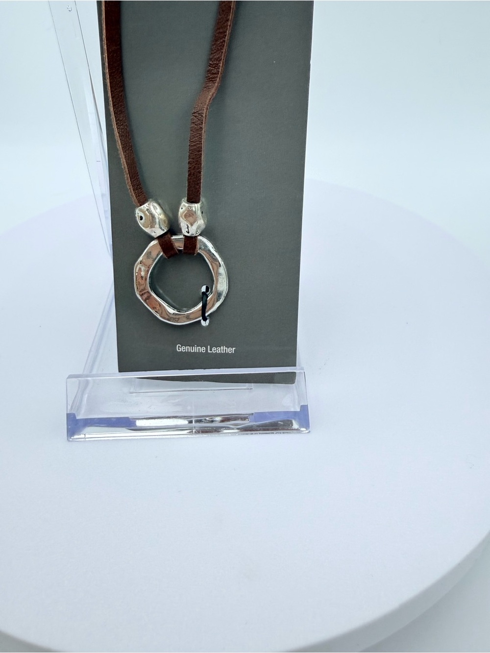 Leather Necklace with Hammered Silver Ring Pendant NWT